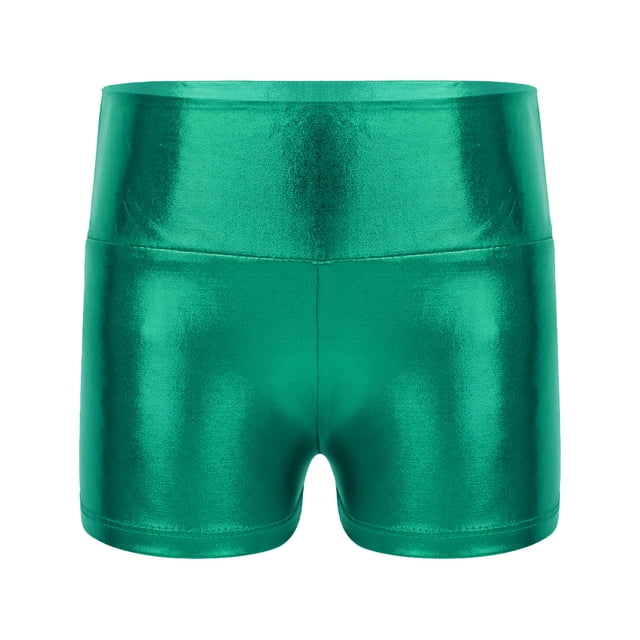 TiaoBug Kids Girls Metallic Shiny Stretch High Waisted Athletic Booty Dance Shorts Green 4