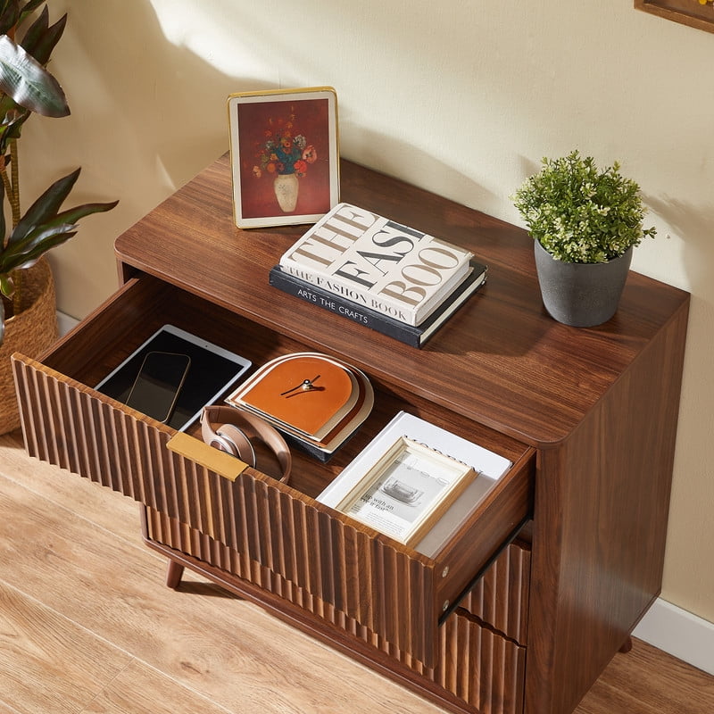 Fluted 3 Drawer Nightstand with Metal Handles,Wood Dresser Chest,Storage Cabinet for Bedroom, Living Room,Walnut