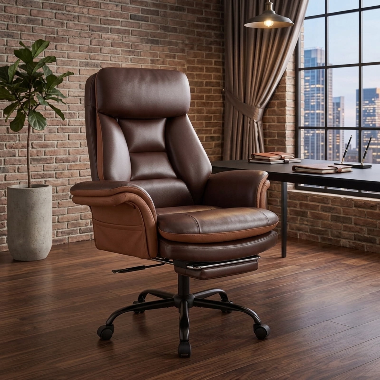 Furnibear Big and Tall Ergonomic Office Chair 400 lbs High Back Wide Faux Leather Computer Chair with Retractable Footrest, Brown