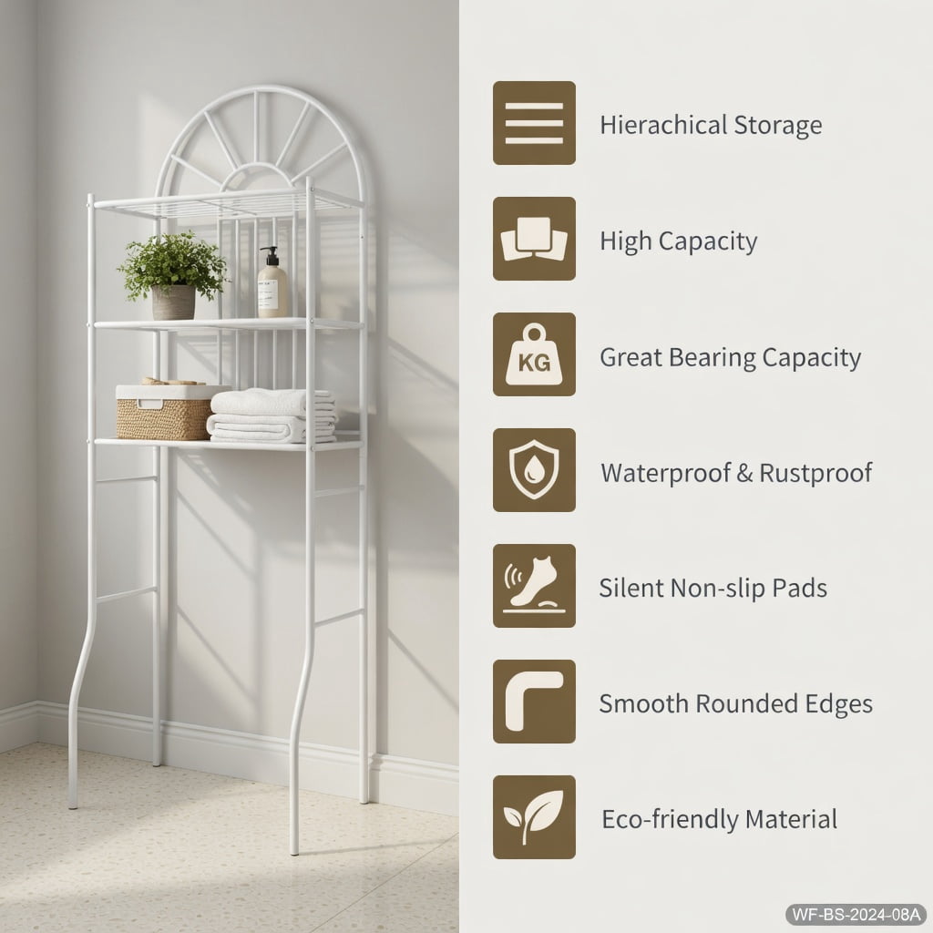Hommoo Over-the-Toilet Bathroom Storage Rack, 3-Tier Heavy-Duty Iron Shelving Unit, Space-Saving Organizer for Toilets, Bathrooms & Small Spaces, White