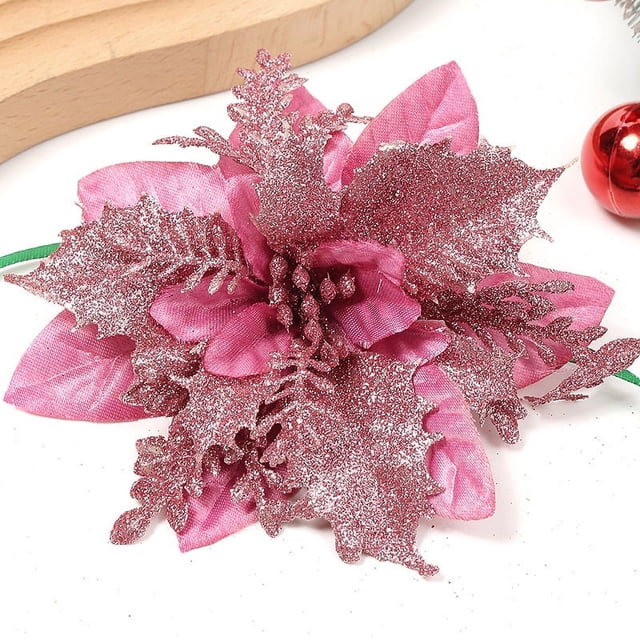 Cabeza de flor de Navidad con polvo de oro de simulación, flor falsa, corona de Navidad con polvo de oro de múltiples capas, decoración para árbol de Navidad