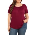 thumbnail image 2 of Daystry Plus Size Tops for Women Short Sleeve Square Lace Neck Flowy Shirts Wine Red 3X, 2 of 11