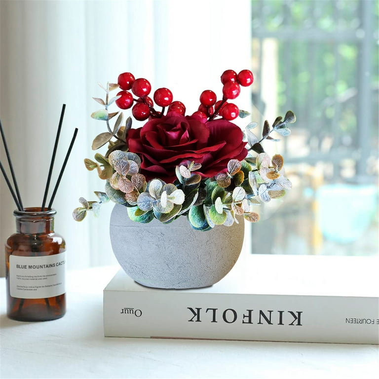 Red Rose in Pot Decor Potted Artificial Flowers Mini Plants Faux Flowers Indoor Small Decor Fake Roses for Home, Bathroom Kitchen Offices Wedding