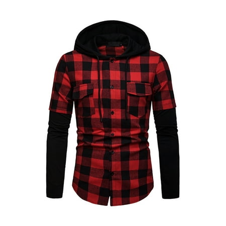 Men Casual Long Sleeve T Shirt Tops Winter Plaid Button Down Hooded ...