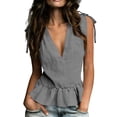 thumbnail image 2 of HongQid Women's Tie-Shoulder Ruffle Peplum Blouse Summer Sleeveless V Neck Linen Blend Tank Tops, 2 of 6