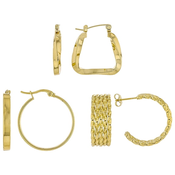 JTV 18K Yellow Gold Over Stainless Steel 25-30mm Hoop Earring Set of 3