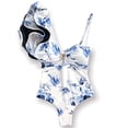 thumbnail image 3 of Meloriaswim One-Ruffled Shoulder Sleeve White and Blue Swimwear, Hot and Sexy Tropical Swimsuit for Women, 3 of 4