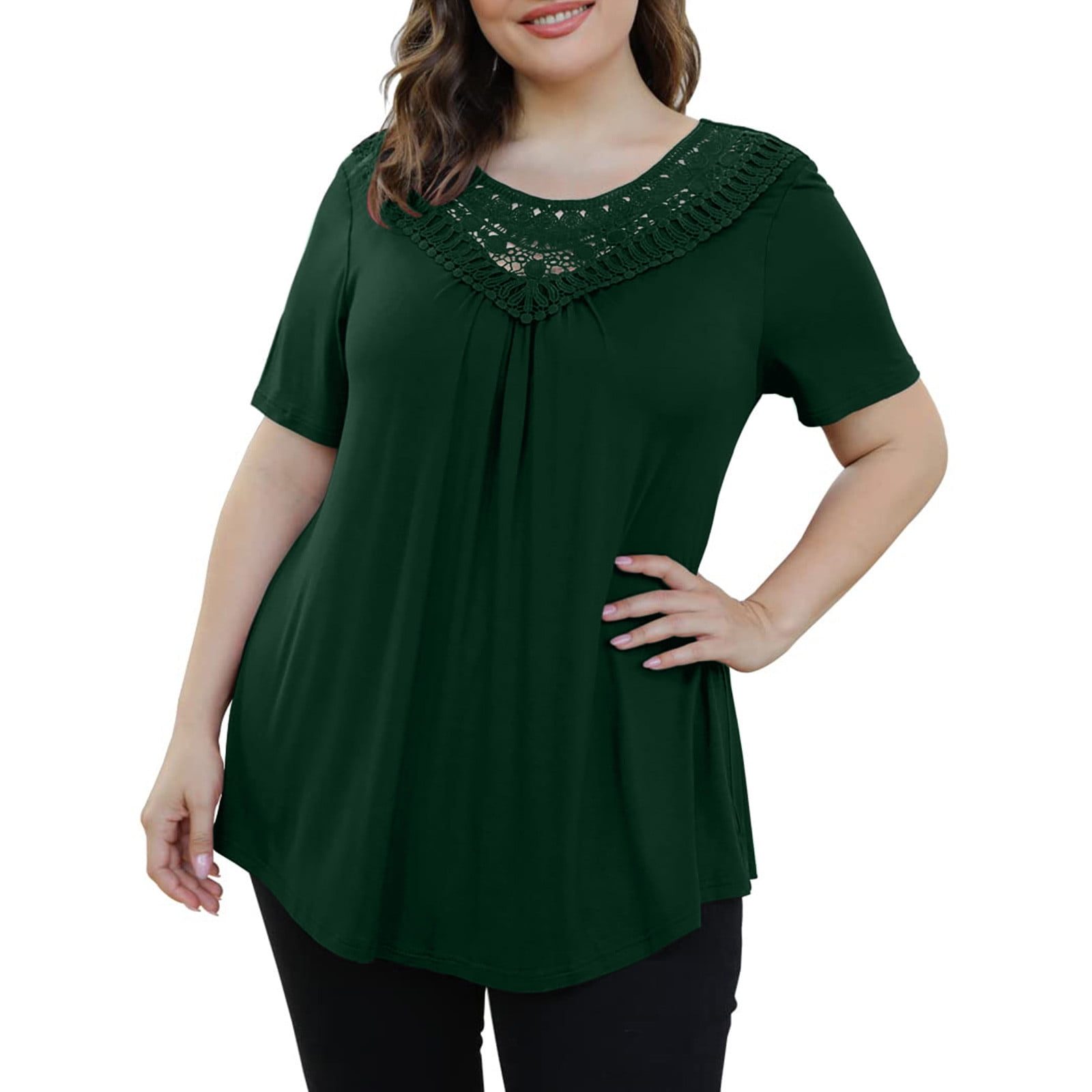 Olyvenn Save Big Womens Plus Size Blouse Shirts Solid Color Summer Trendy Fashion  Ladies Tunic Tops Short Sleeve Lace Splicing V Neck Loose Casual Female  Leisure Army Green 14 