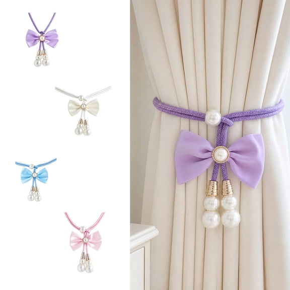 Voglyf Adjustable Curtain Tiebacks 2 Pack, No Drill Cute Bow Rope Holdbacks, Satin Bow Pearl Decorative Curtain Cords, Hand‑Woven Rope Curtain Tie Backs for Window Curtain Decoration,Blue