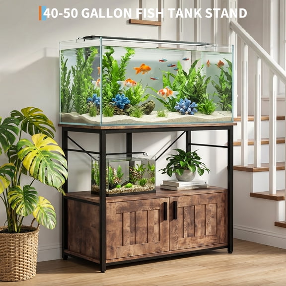 PYY 40-50 Gallon Aquarium Stand – Double-Tier Metal and Wood Storage Cabinet – Heavy Duty 660LBS Shelf – Adjustable Leveling Feet – Modern Organizer for Fish Tanks or Reptile Terrariums – Brown