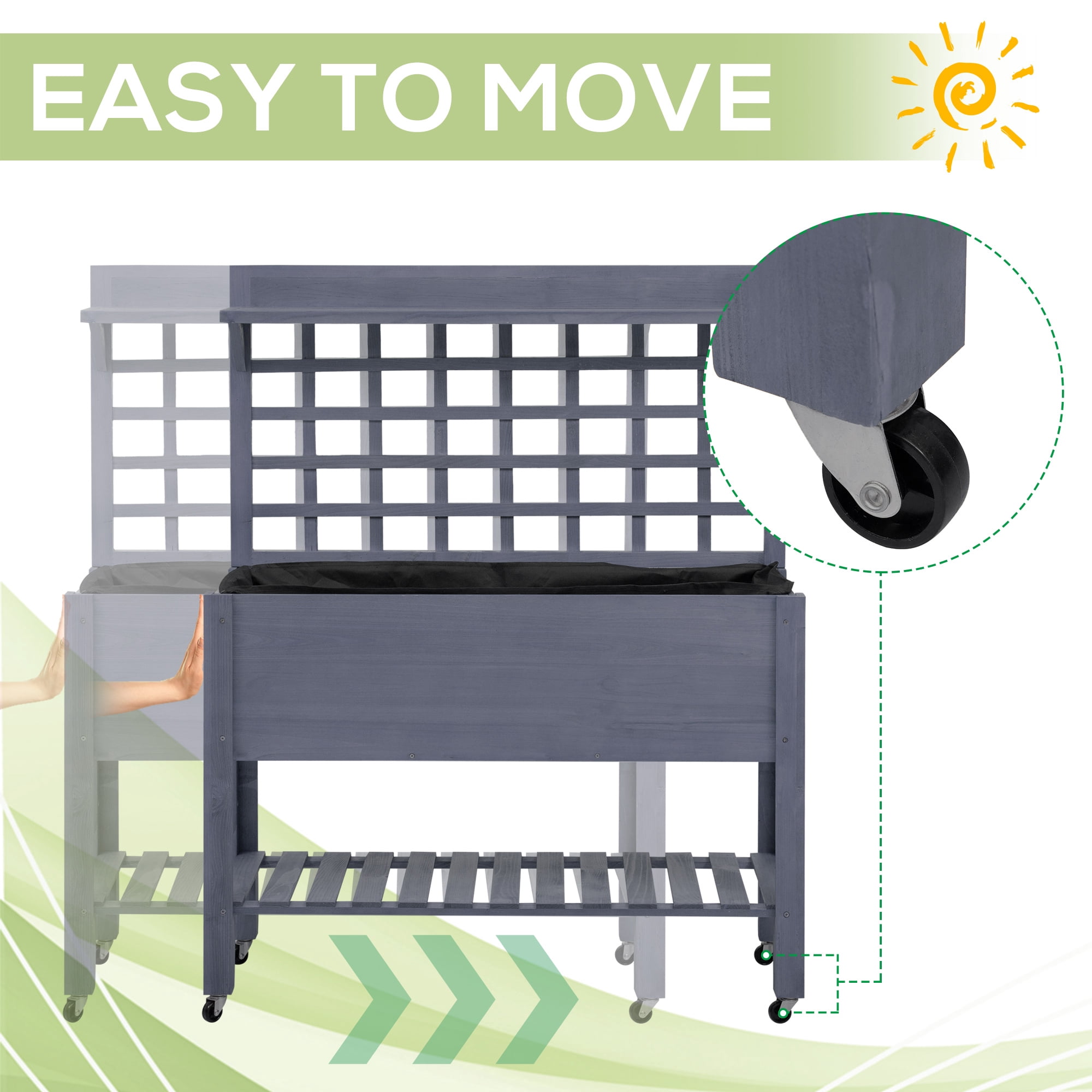 AsterOutdoor 41" Raised Garden Bed with Trellis on Wheels, Wooden Elevated Planter Box with Legs & Liner for Flowers, Herbs & Vegetables, Gray