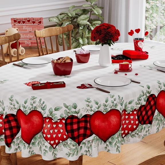 Valentines Tablecloth Oval 60x84 Inch, Washable Red Pink Love Heart Valentines Day Tablecloth Waterproof Dining Table Cloth Sweet Home Party Decorations