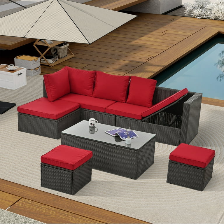 7 Piece Patio Furniture Sets Outdoor Sectional PE Rattan Outdoor Furniture Patio Conversation Set with Adjustable Lounger Sofa Ottomans for Balcony