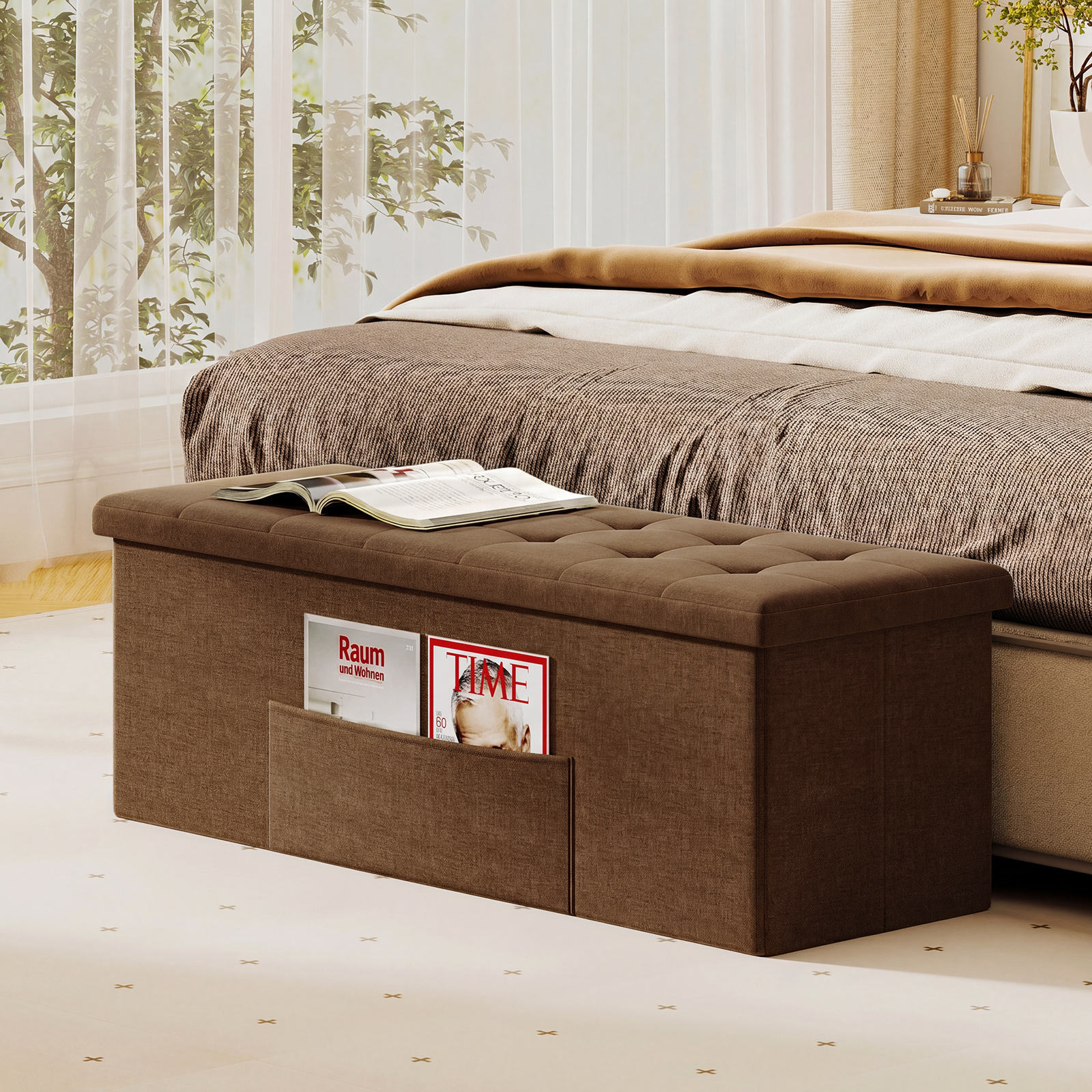 Costway 43" Folding Storage Ottoman Bench, Brown Linen photo 2