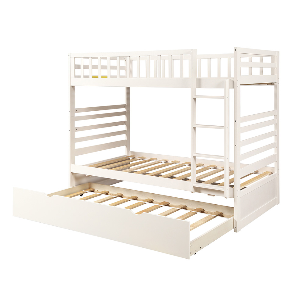 Kepooman Twin Over Twin Solid Wood Bunk Bed with Trundle & Ladder, White Kepooman Twin Over Twin Solid Wood Bunk Bed with Trundle & Ladder, White