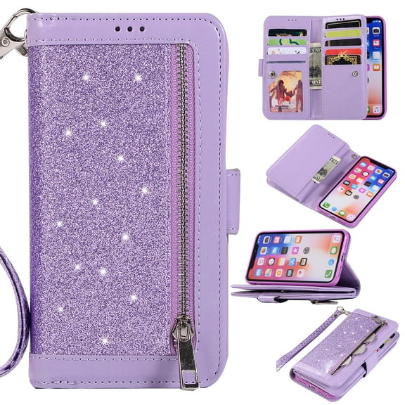 Zipper Wallet Case for iPhone Xs iPhone X 5.8-inch, Allytech Bling Glitter Leather Case with 9 Credit Card Holder Flip Magnetic Closure Stand Cover with Cash Pocket and Hand Strap, Purple