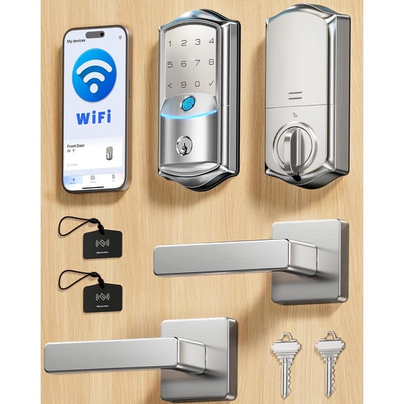 Veise VE027-L Built-in WiFi Smart Lock with Handle, Fingerprint keyless Entry Door Lock Set, App Remote & Voice Control, Electronic Deadbolt for Front Door, Touchscreen Keypad, Satin Nickel
