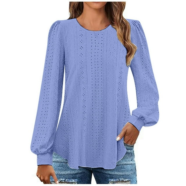 Womens Long Sleeve Eyelet Tops - Crew Neck, Fall Casual Blouses - Solid Color, Loose Fit, Breathable Fabric - S-XXL Sizes
