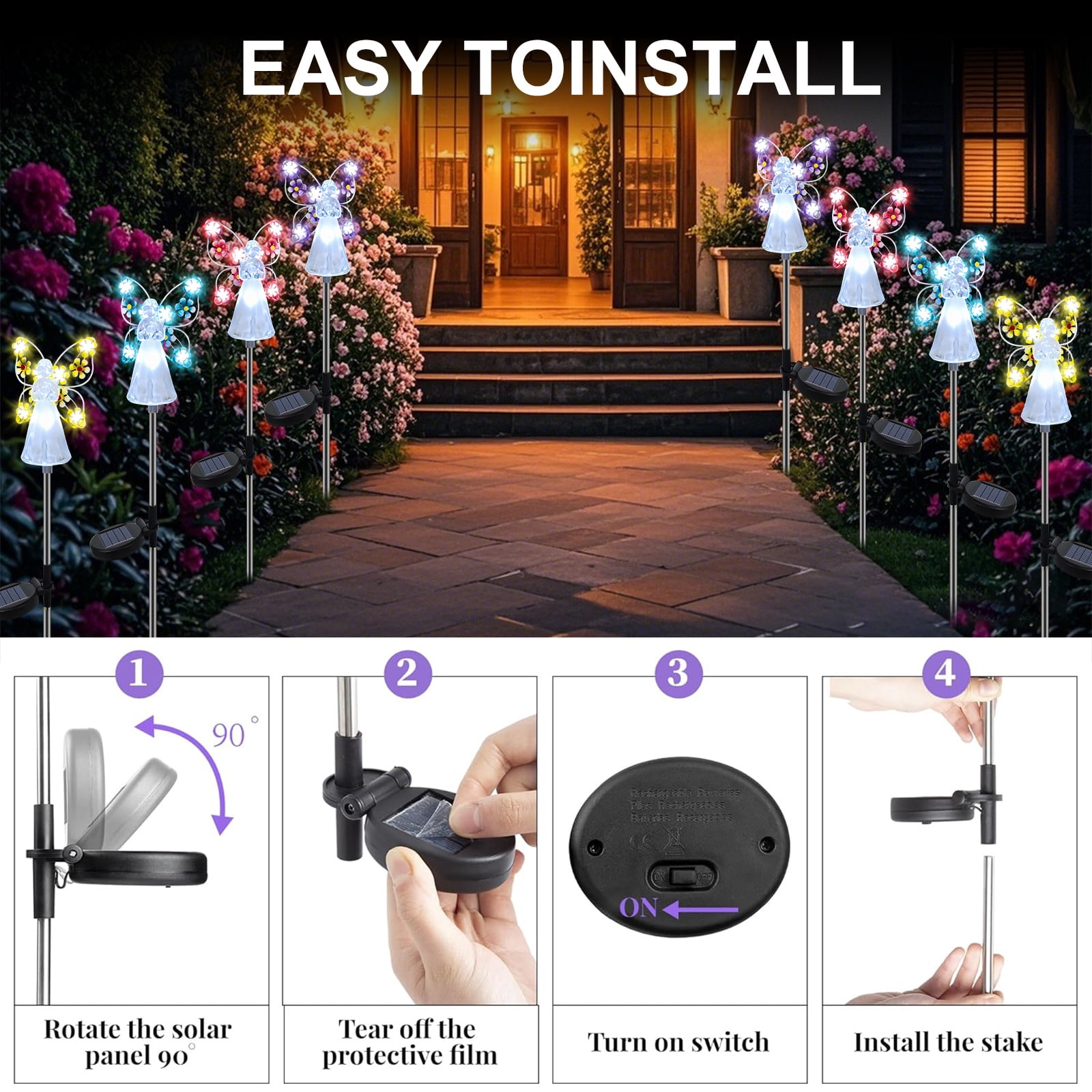 Rirool Solar Angel Stake Lights - 4 Pack Multicolor LED Garden Decor, Cemetery Memorial Lights for Graves - Waterproof Outdoor Solar Lights for Yard, Pathway