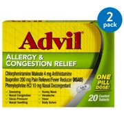 (2 pack) (2 Pack) Advil Allergy & Congestion Relief (20 Count) Pain Reliever / Fever Reducer Coated Tablet, 200mg Ibuprofen, Sneezing, Nasal Decongestant, Sinus Pressure