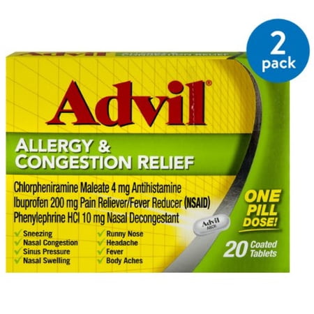 (2 pack) (2 Pack) Advil Allergy & Congestion Relief (20 Count) Pain Reliever / Fever Reducer Coated Tablet, 200mg Ibuprofen, Sneezing, Nasal Decongestant, Sinus Pressure
