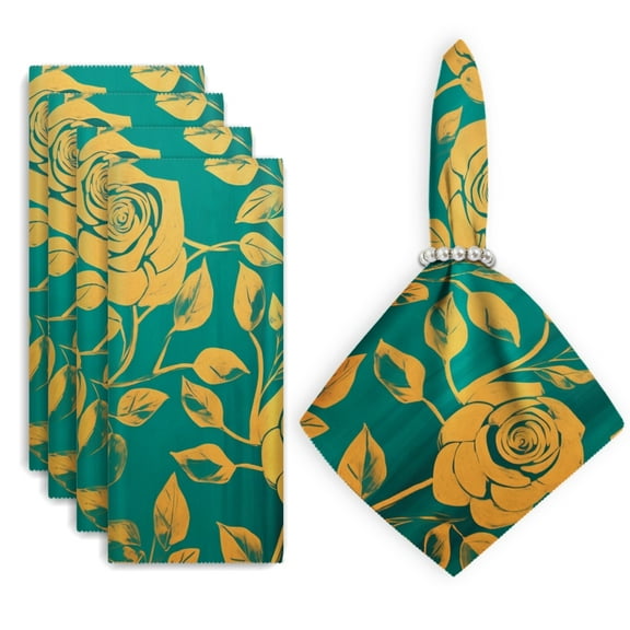 Bahomeck Napkins Set Of 4 Reusable Washable Square Fabric Dining Table Napkins Weddings Party Dinner Decor,18*18 Inch,The Roses Have Gold Outlines On The Surface Of The Green Background
