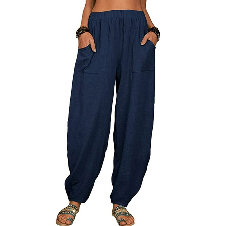 Halara Pants for Women Plus Size Loose Fit Mid Elastic Waist Casual Cotton  And Linen Pants with Pockets ,Blue 