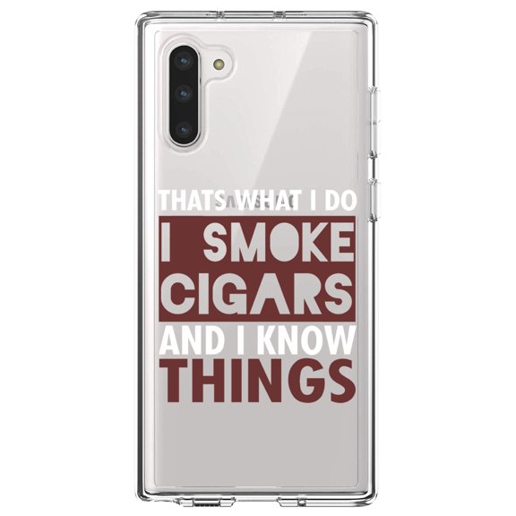 DistinctInk Clear Shockproof Hybrid Case for Samsung Galaxy Note 10 (6.3" Screen) - TPU Bumper Acrylic Back Tempered Glass Screen Protector - I Smoke Cigars And I Know Things