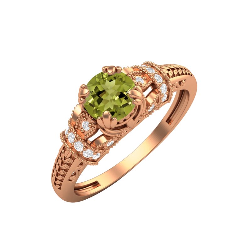 5MM Round Shape Natural Peridot 925 Silver Rose Plated Blossom Design Ring