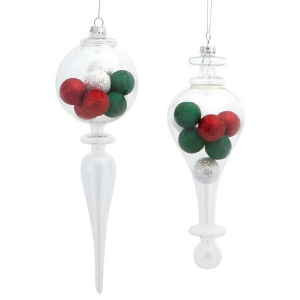 Pack of 12 Clear Glass Finial Christmas Ornaments with MultiColor