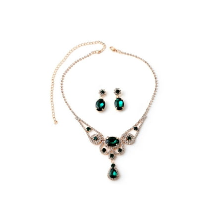 Gold Crystal Rhinestone Necklace Dangle Emerald Green Oval Stone Earrings Jewelry Set