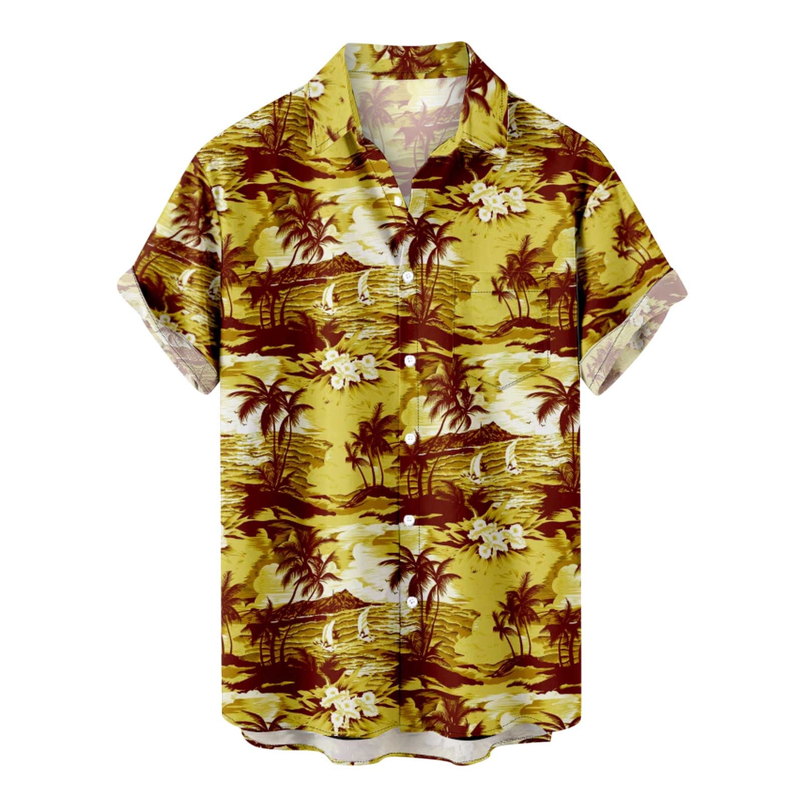 VSSSJ Men's Hawaiian Style Shirts Loose Fit Tropical Sunset Palmshadow  Print Lapel Button Down Short Sleeve Front Pocket Top Fashion Summer Beach  Cardigan Tee Yellow XXL 