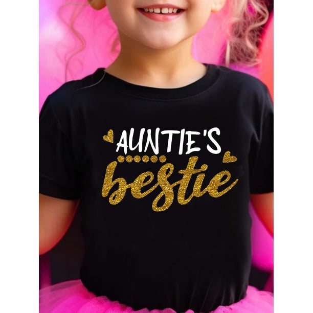 Auntie's Bestie" Graphic Cotton Tee for Girls - Cute Round Neck, Short Sleeve Casual Summer Top