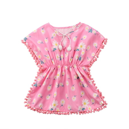 

Kids Baby Girls Dress Beach Sundress Loose Flower Fringe Balls Dresses Bikini Cover-Ups Bathing Suit Swimwear