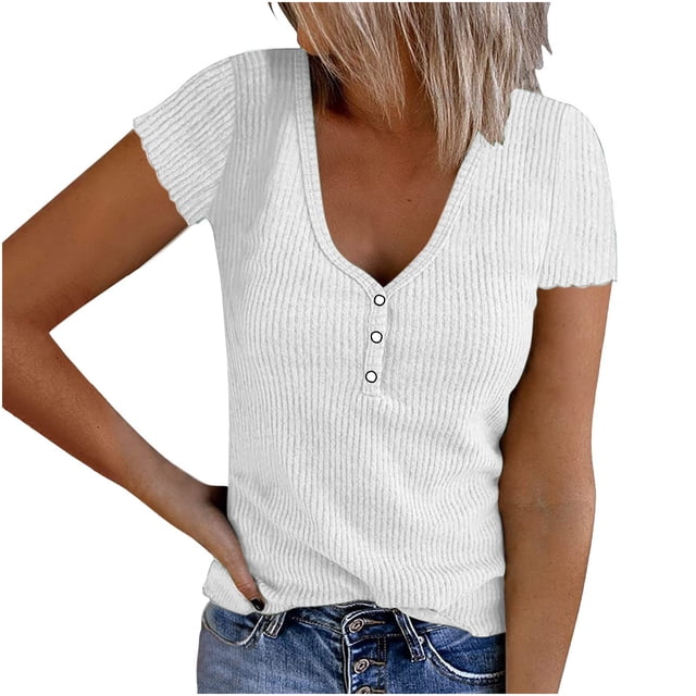 UPPADA Ribbed Shirts Tops Women Summer - Womens Short Sleeve Ribbed Tops Basic Knit Shirts Button V Neck Casual Summer Tshirt