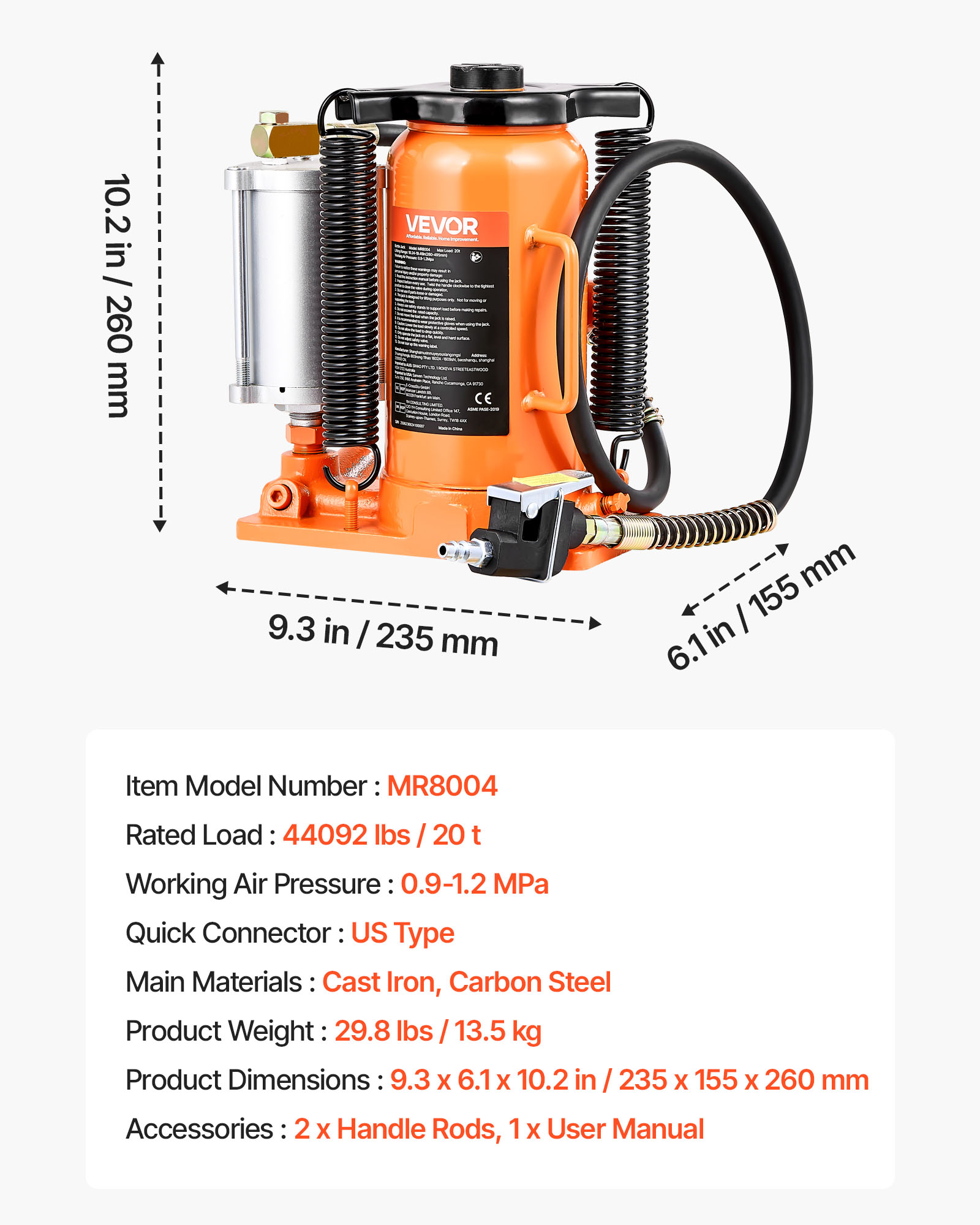 VEVOR Air Hydraulic Bottle Jack, 20 Ton (44092 lbs) Capacity, 10.2-19.5 Inch Lifting Range, Pneumatic/Manual Heavy Duty Welded Bottle Jack with Pump