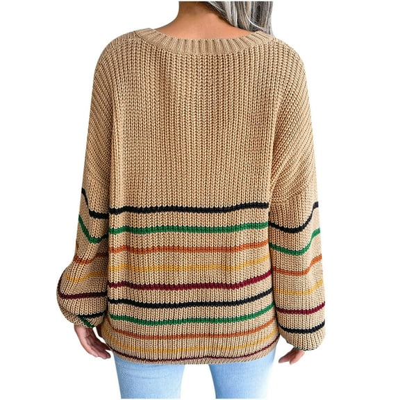 IROINNID Reduced Womens Sweater V-Neck Pullover Sweater Stripes Loose Mid-Length Long Sleeve Rainbow Sweater