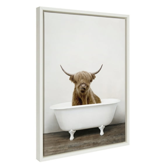 Kate and Laurel Sylvie Highland Cow in Tub Color Framed Canvas Wall Art by Amy Peterson Art Studio, 18 x 24, White, Chic Animal Art for Wall