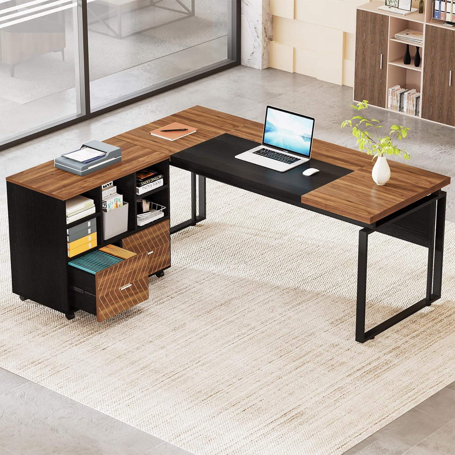 L-Shaped Executive Desk with Reversible File Cabinet, 3" Office Desk with Storage Drawers, Walnut & Black