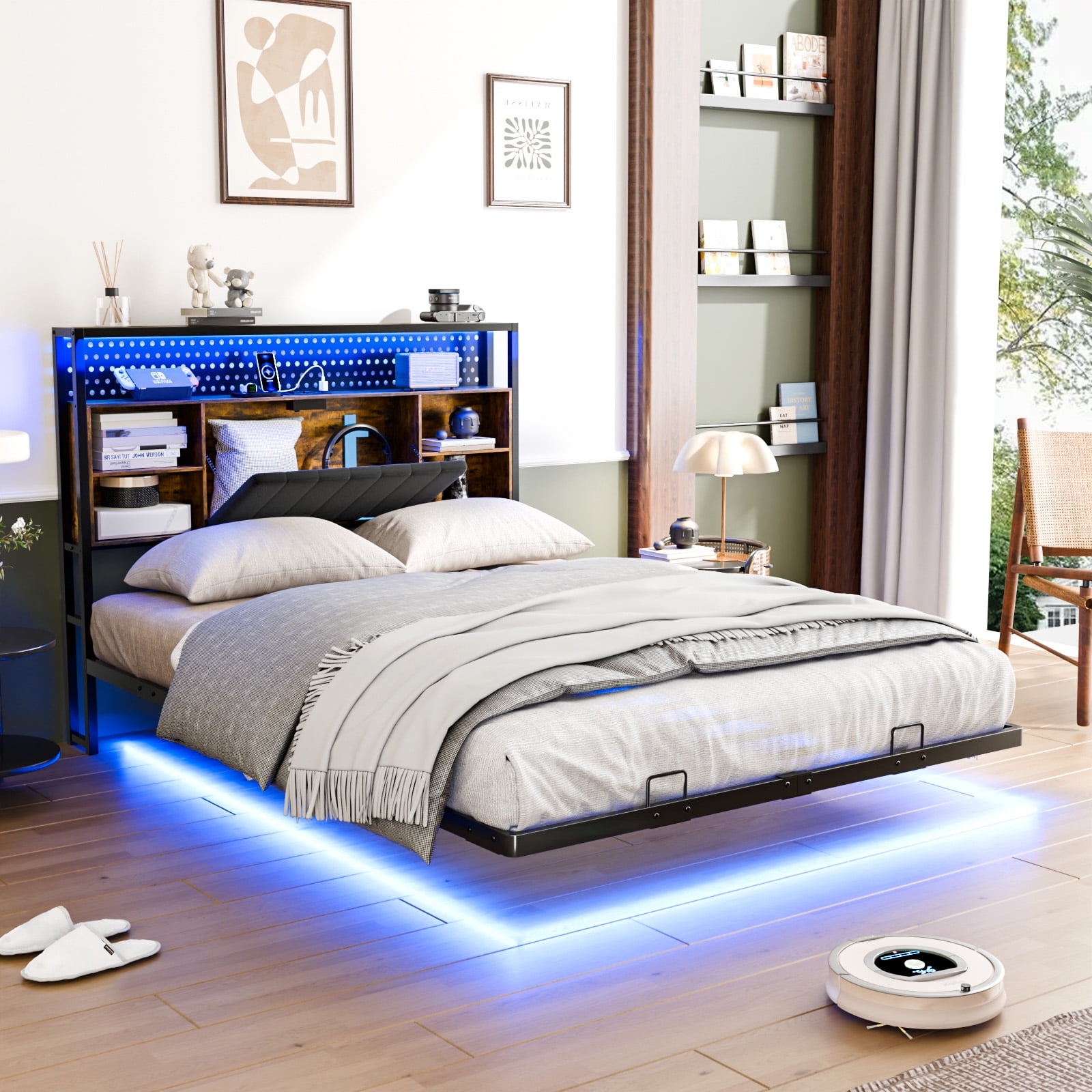 Zimtown Full Floating Bed Frame, Platform Bed with Charging Station, No Box Spring Needed, Black