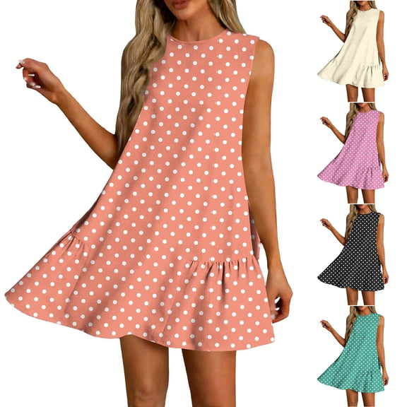 TAGOLD Womens Sleeveless Round Neck Dress Random Print Side Ruched Sleeveless Casual Dress