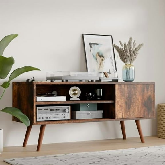 Cozy Castle TV Stand for 48 Inch TV, Mid Century Modern Entertainment Center with Storage Cabinet, TV Media Console for Living Room, Bedroom, Rustic Brown