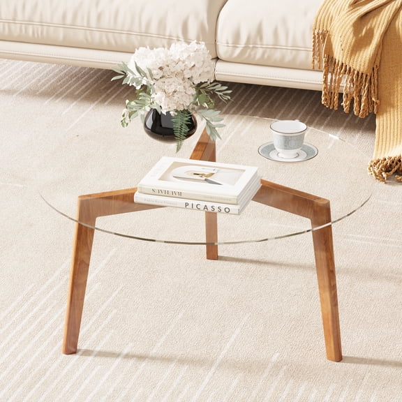 Modern Glass Coffee Table, Small Round Mid Century Coffee Tables, Center Table with Glass Top & Unique Wooden Base, Vintage Tea Tables for Small Spaces, Living Room, Walnut