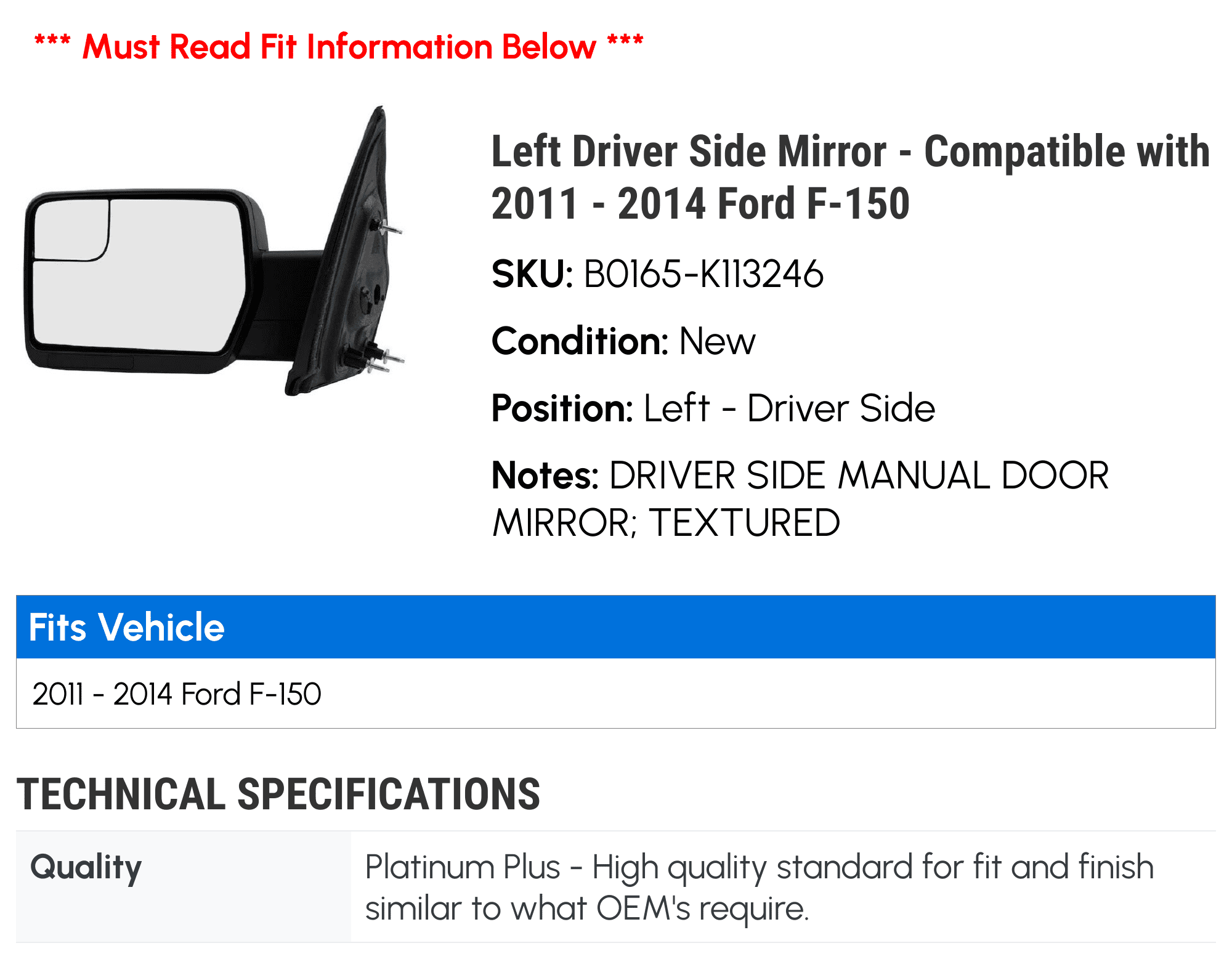 Left Driver Side Mirror - Compatible with 2011 - 2014 Ford F-150 2012 2013