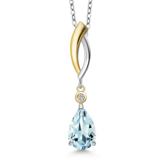 925 Silver and 10K Yellow Gold Sky Blue Aquamarine and White Lab Grown Diamond Pendant Necklace for Women | 1.16 Cttw | Gemstone March Birthstone | Pear Shape 9X6MM | With 18 inch Chain