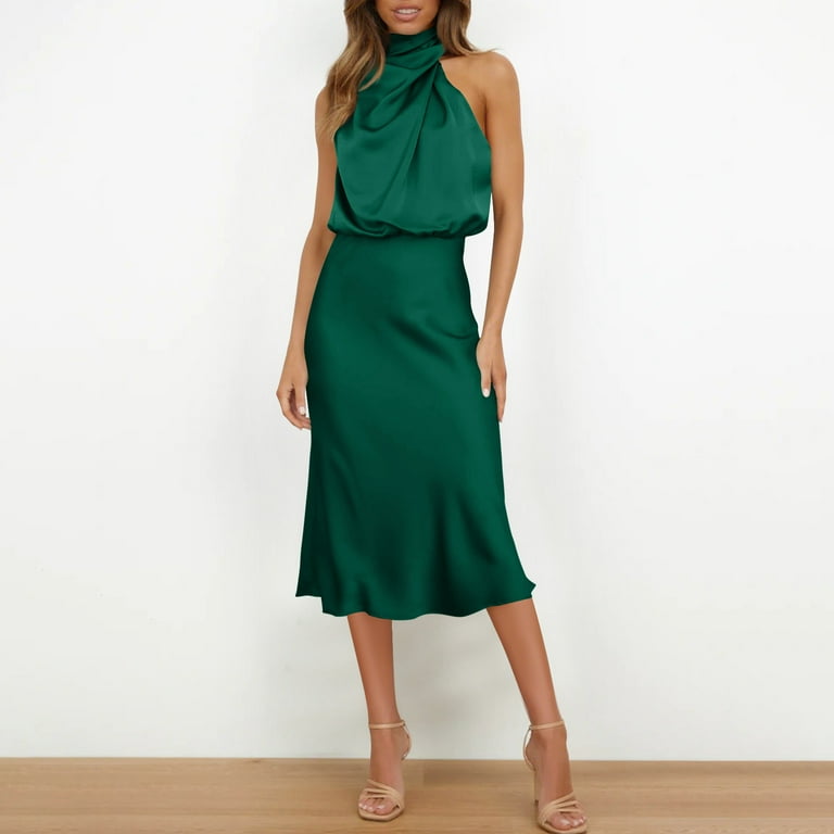 green midi dress satin Halter-Neck Satin Midi Dress in Green