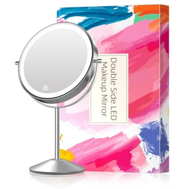 Funtouch Double-Sided Lighted Makeup Mirror, Round Metal Freestanding Vanity Mirror with 10x Magnification