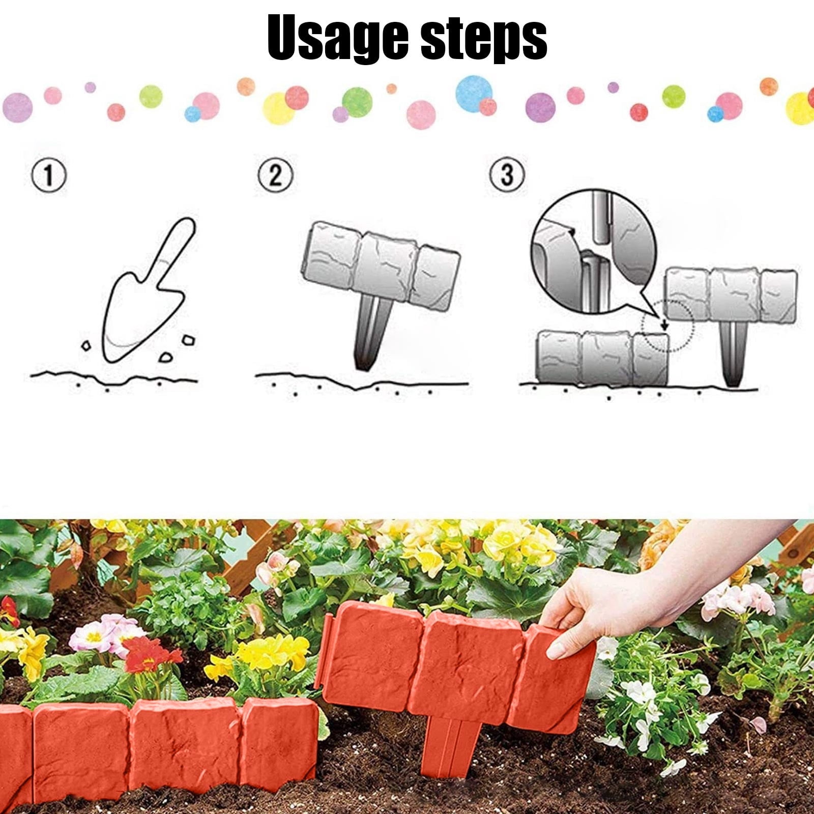 Garden Edging Border- Lawn Fence Plastic Cobblestone Effect Edging Lawn Trimming Garden Patio Decor