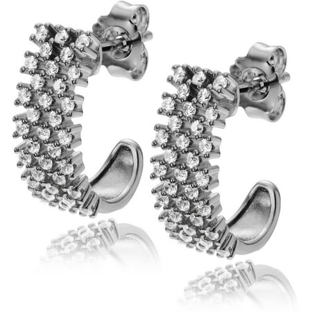 Brinley Co. Women's CZ Rhodium-plated Sterling Silver Half Hoop Earrings
