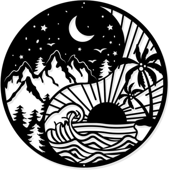Yin Yang Metal Wall Art Decor 11.8" Moon Sun and Stars Wall Art Tree of Life Wall Hanging Decor Forest Trees and Mountains Silhouette